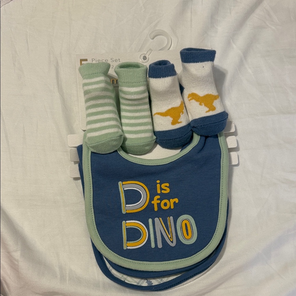 Mon Cheri Blue and Green Dino Bib and Socks Set